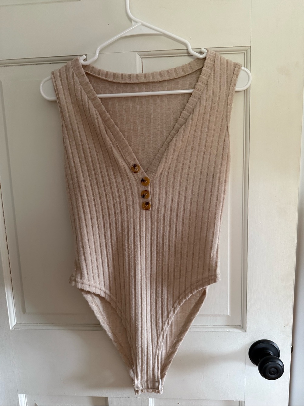 Amazon Cream Ribbed V-Neck Bodysuit with Button Detail